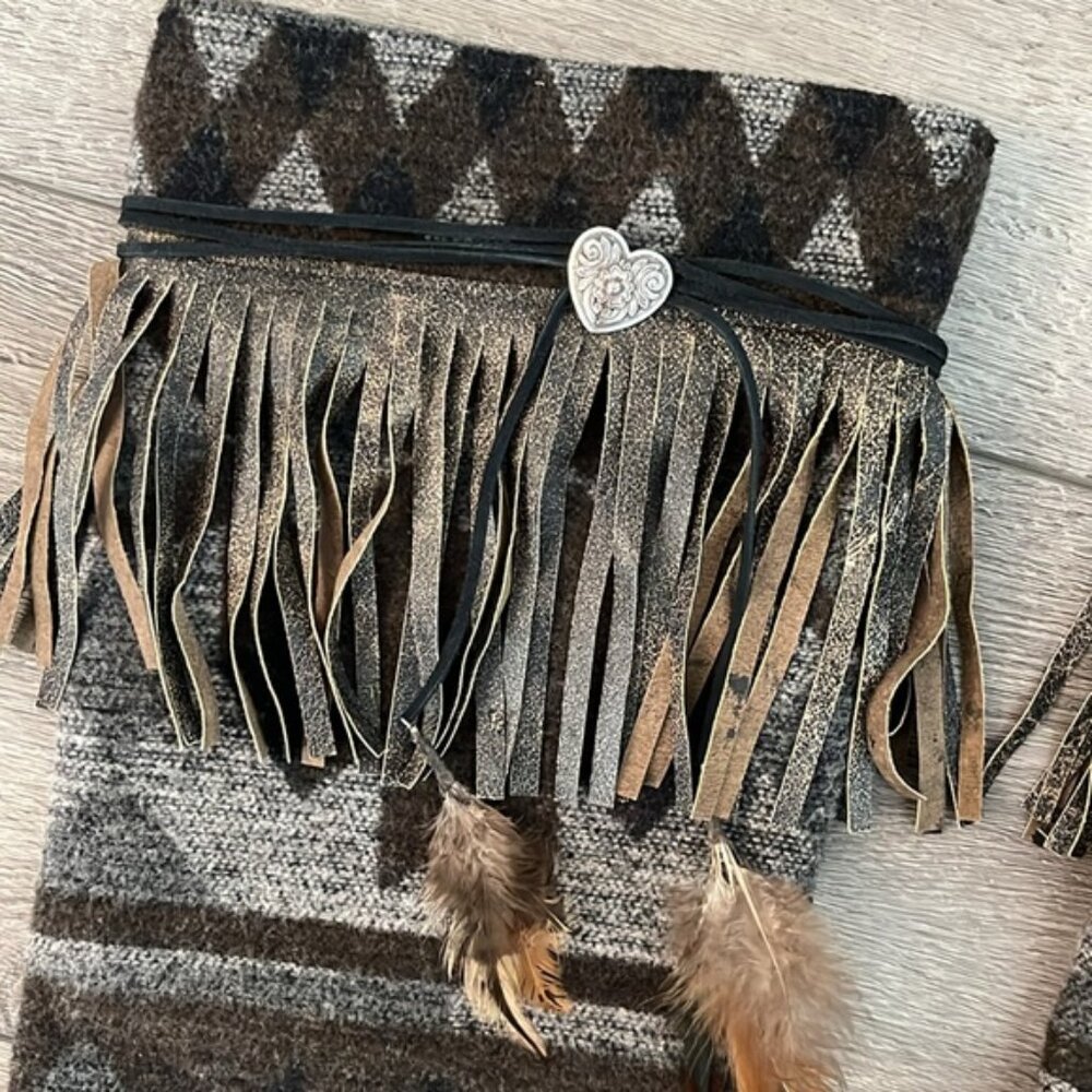 Bohemian leg warmers with fringe, feathers, and a heart - Picture 4 of 7